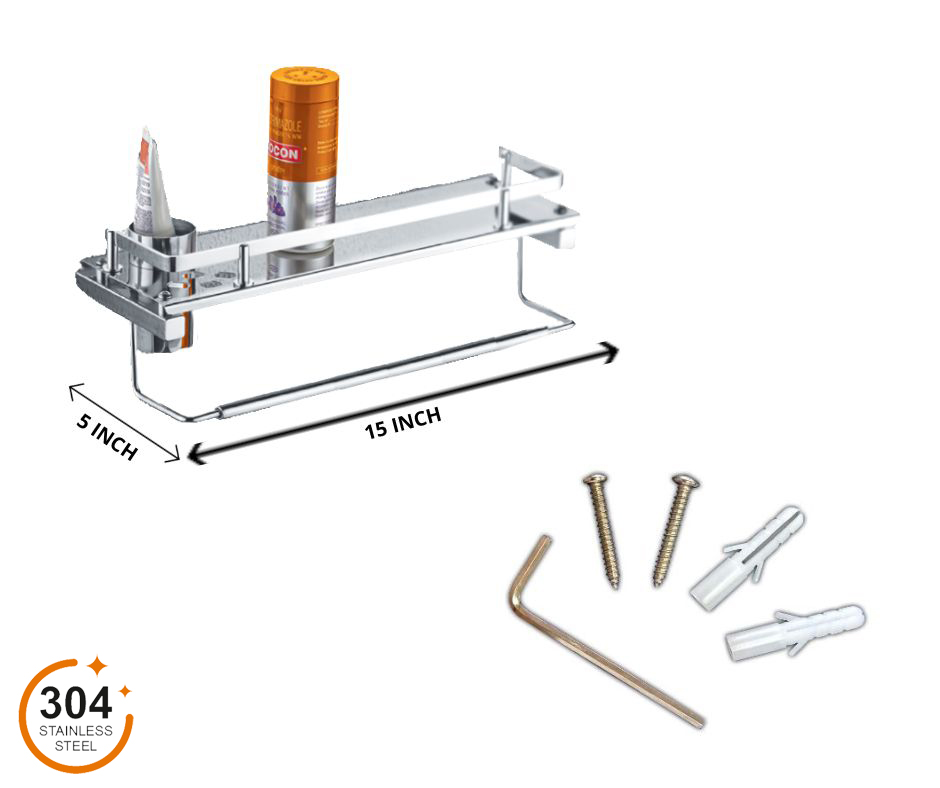 Corridor Design your space  S.S.304 MIRROR FINISH SHELF WITH TOOTHBRUSH TUMBLER & NAPKIN HOLDER (15X5 INCH)