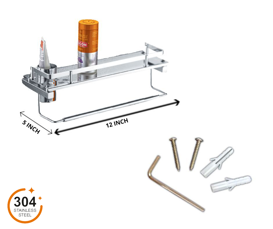 Corridor Design your space S.S.304 MIRROR FINISH SHELF WITH TOOTHBRUSH TUMBLER & NAPKIN HOLDER (12X5 INCH)
